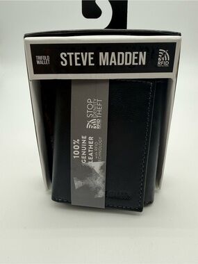 Steve Madden Black Trifold Leather Wallet with RFID Stop Protection